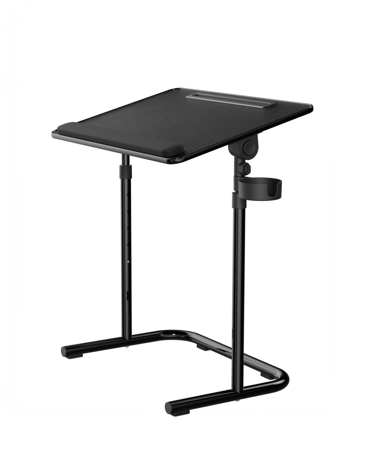 Moxedo Flexmate Adjustable Height Desk for Laptop with Ergonomic Tilt-top Surface with Side-Mounted Cup Holder, Wrist Rest and Device Slot for Phones/Tablets