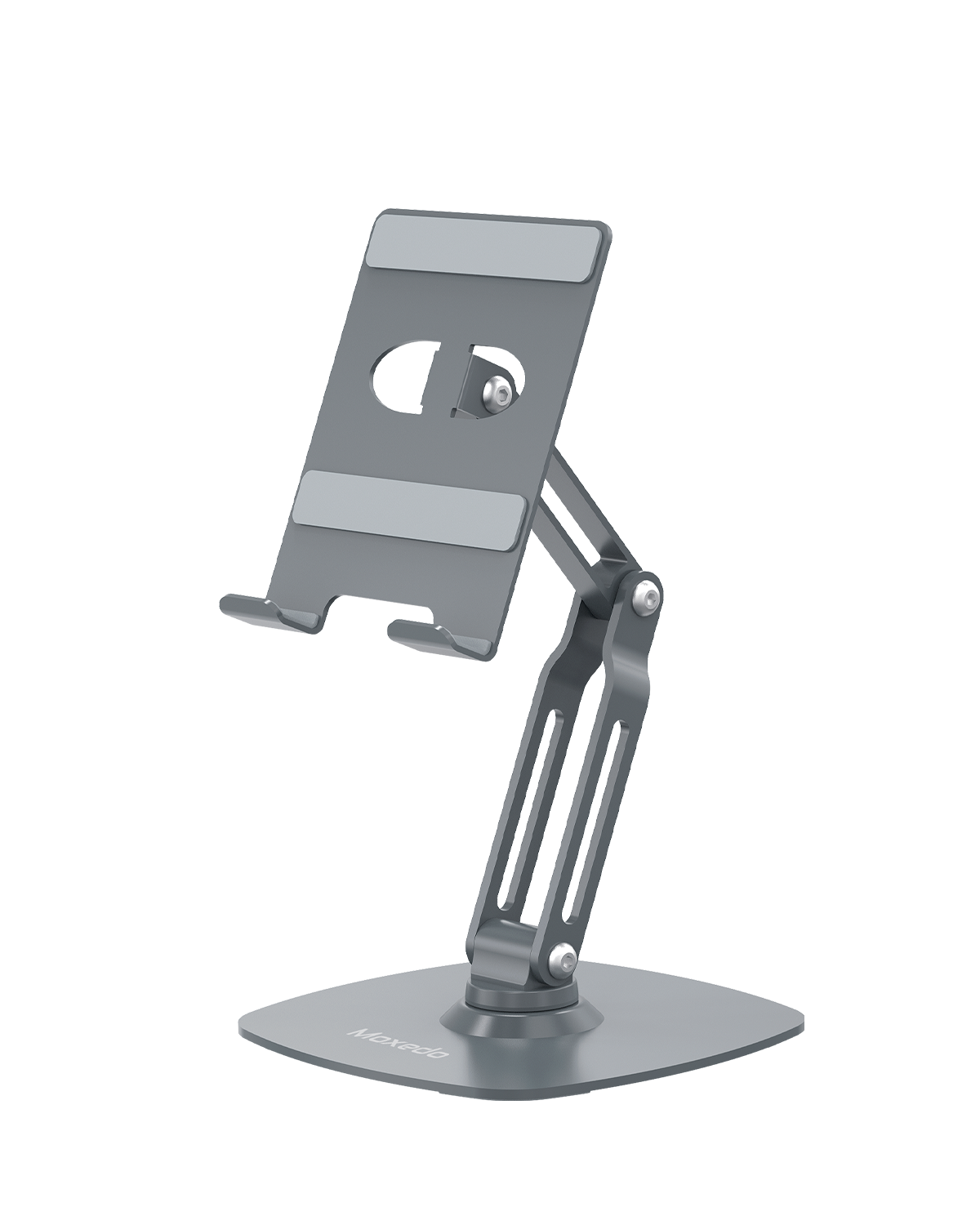 Moxedo Bi-Axial Mobile Phone and Tablet Stand 360° Rotating Base Height Adjustable Foldable Design Aluminum Tablet and Phone Holder for Desk Compatible with 4 to 9.7” Devices