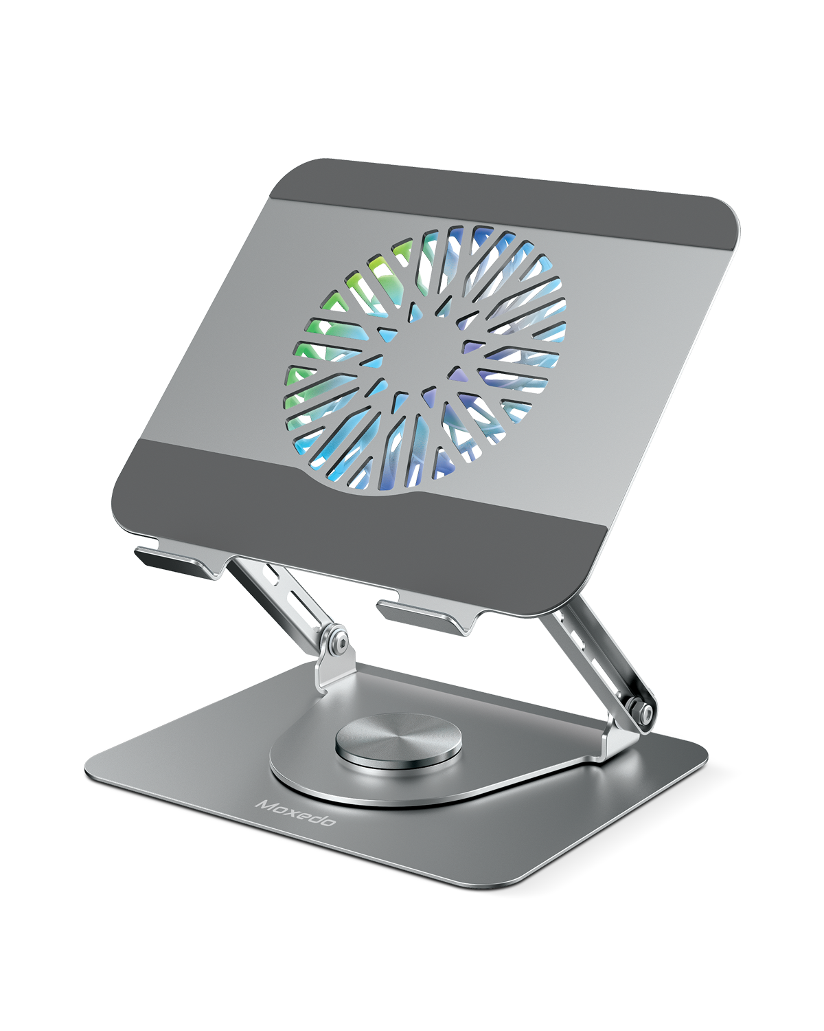 Moxedo Ergonomic Foldable Laptop and Tablet Stand with RGB Led Light Cooling Fan 360° Rotation Computer Holder Laptop Riser for Desk Compatible with Up to 17.2” Devices