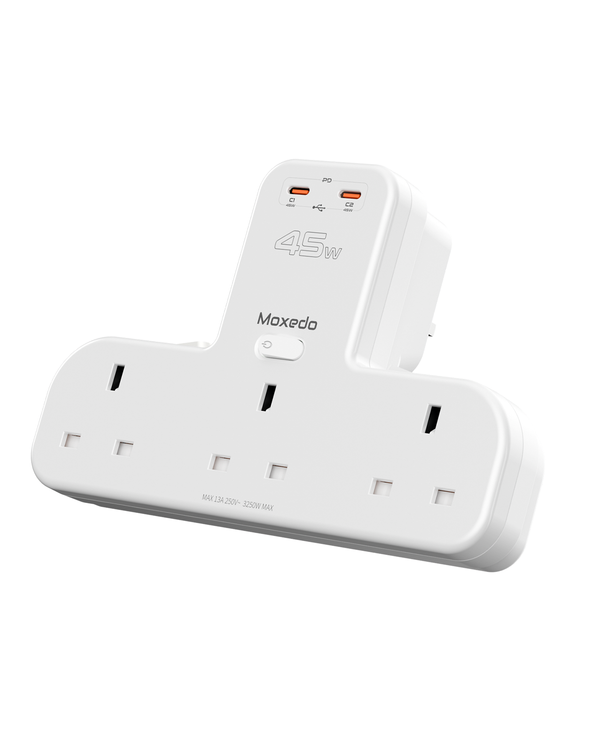Moxedo Multi-Plug Pro Power Extension Adapter with Switch – 45W PD 3.0 Fast Charging, 3 AC Outlets, 2 USB-C Charging Ports – for Home, Office, Kitchen, School