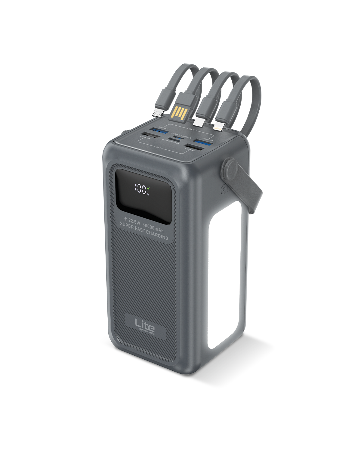 Moxedo Lite Multi-Port 50,000 mAh PD 22.5W Mini Power Station Fast Charging, LED Flashlight 1 USB-C / 1 Micro USB / 4 USB-A Ports with Built-in Lightning /USB-C /Micro USB and USB-A Cables
