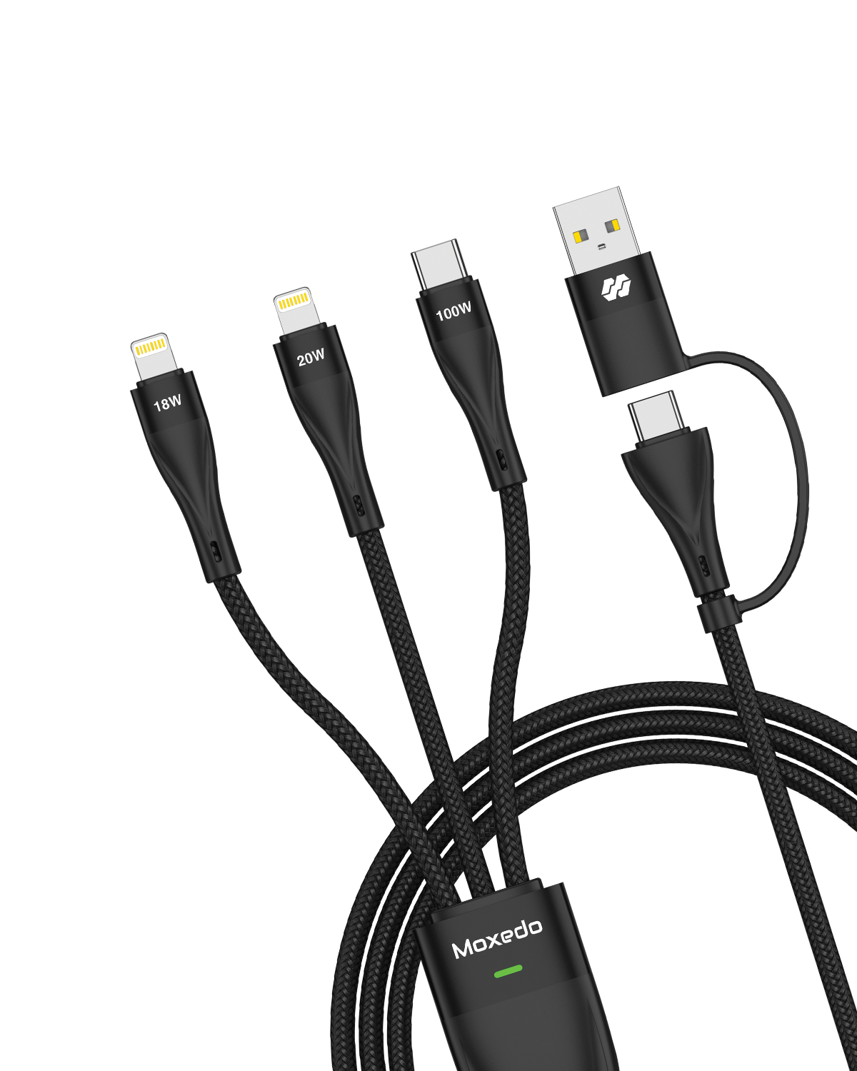كابل شحن Moxedo 3 في 2 قابل للتبديل USB-A/USB-C إلى L (2x) / USB-C PD شحن سريع 100 وات كابل مضفر بطول 1.2 متر (أسود) 