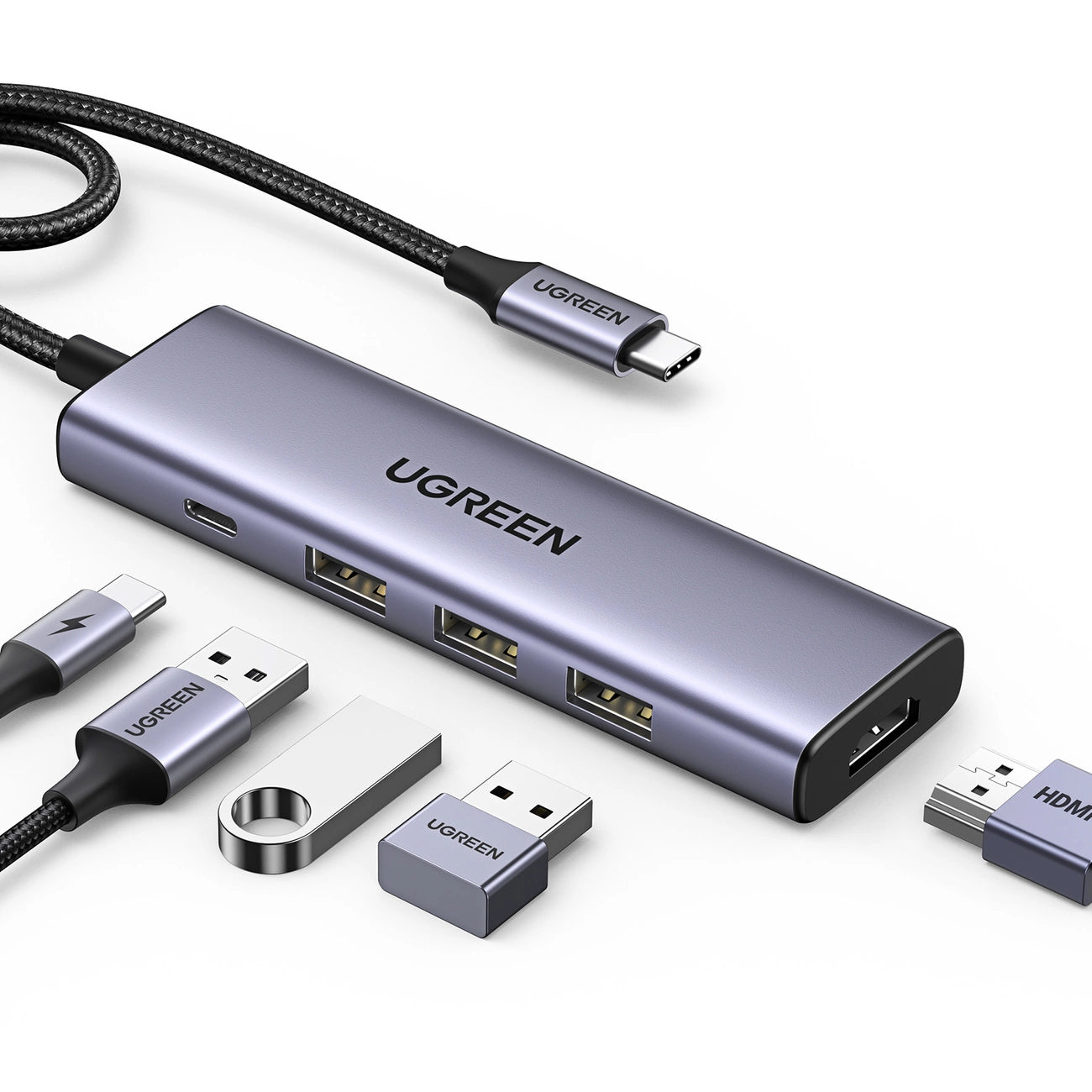 موزع متعدد الوظائف من Ugreen 5 في 1 USB-C - HDMI 1.4 / 3 x USB-A / USB-C PD 100W CM511 - رمادي 