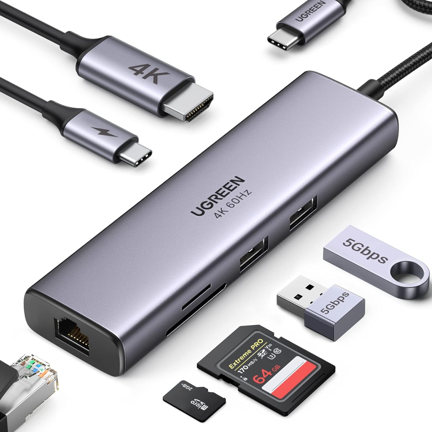 UGREEN Revodok USB C Hub Ethernet, 7-in-1 USB C Dock with 4K@60Hz HDMI, 1Gbps Ethernet, 100W PD, 2 USB-A 3.0 Ports, SD/TF, USB-C Hub