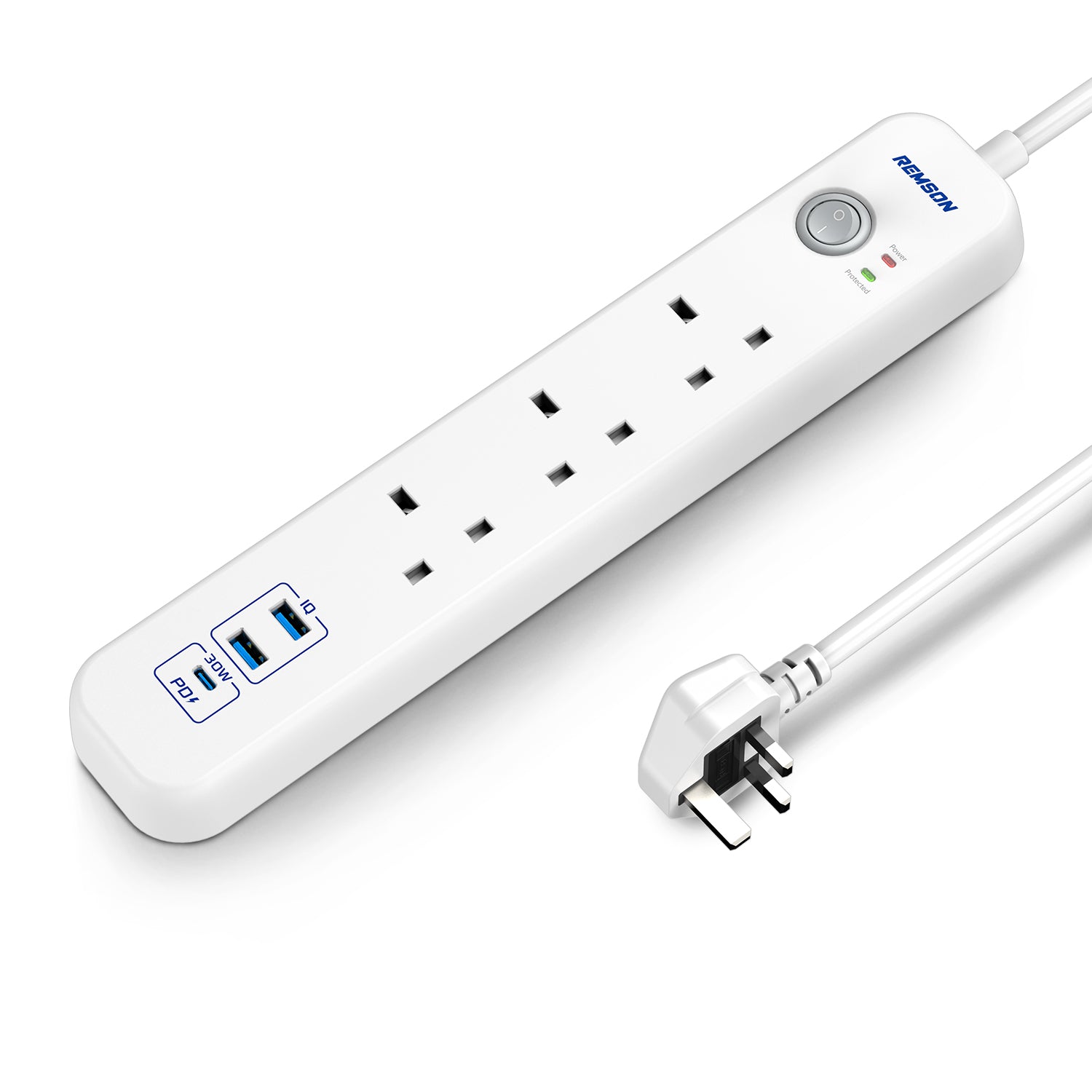 Remson 32W Surge Protector Power Strip 6 Way 3 USB-Ports + 3 AC Outlets with 3M Cable Length - White