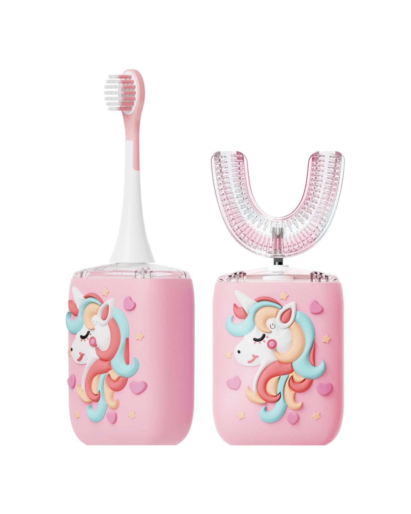 Moxedo Kids 2 in 1 U- Shaped Electric Toothbrush, 2 Brush Heads/ 2 U-Shape Brush Head, 360 Dental Oral Cleaning, 5 Ultrasonic Smart Modes, IP64 Waterproof Auto Toothbrush for Toddler- Pink