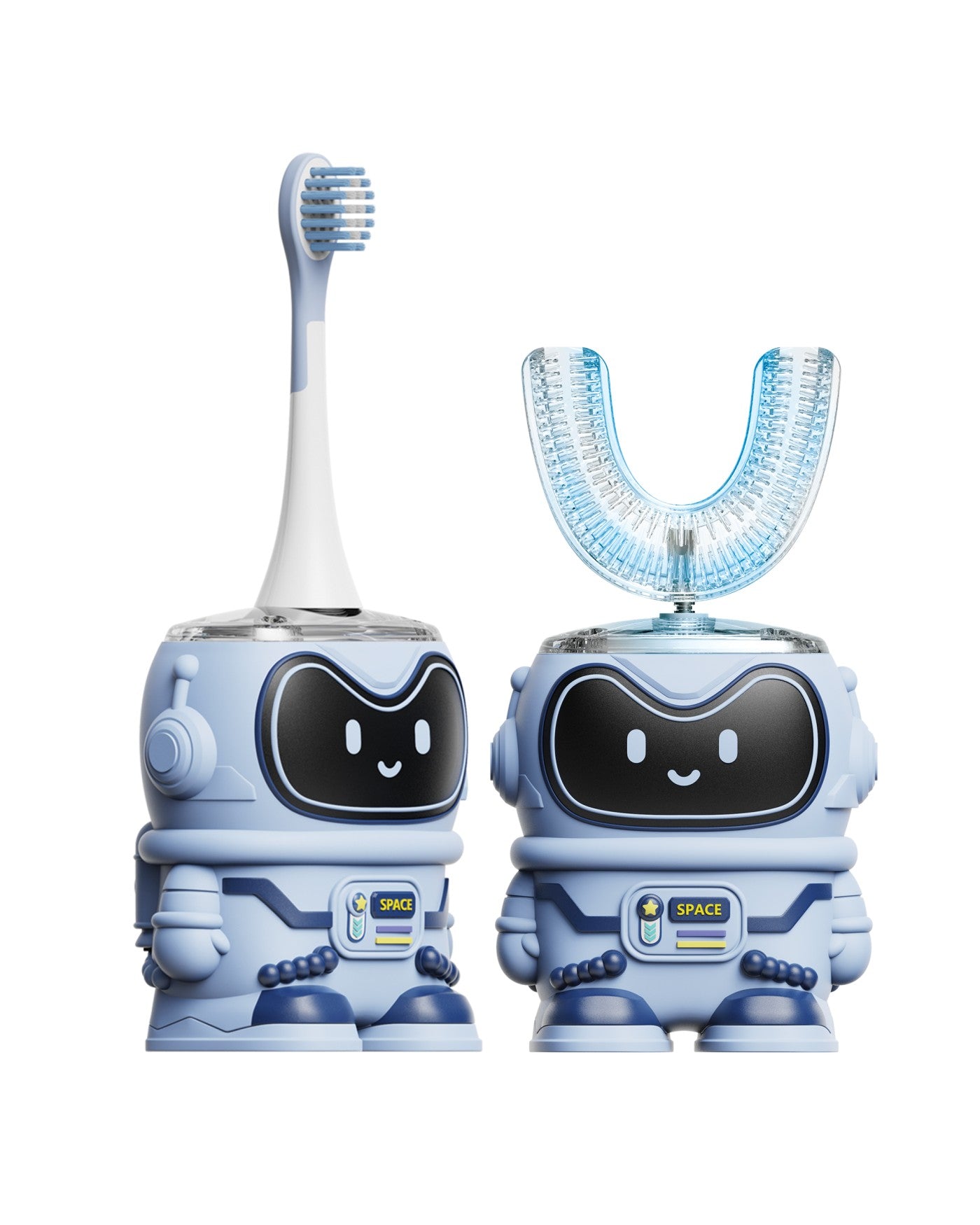 Moxedo Kids 2 in 1 U- Shaped Electric Toothbrush, 2 Brush Heads/ 2 U-Shape Brush Head, 360 Dental Oral Cleaning, 5 Ultrasonic Smart Modes, IP64 Waterproof Auto Toothbrush for Toddler- Blue