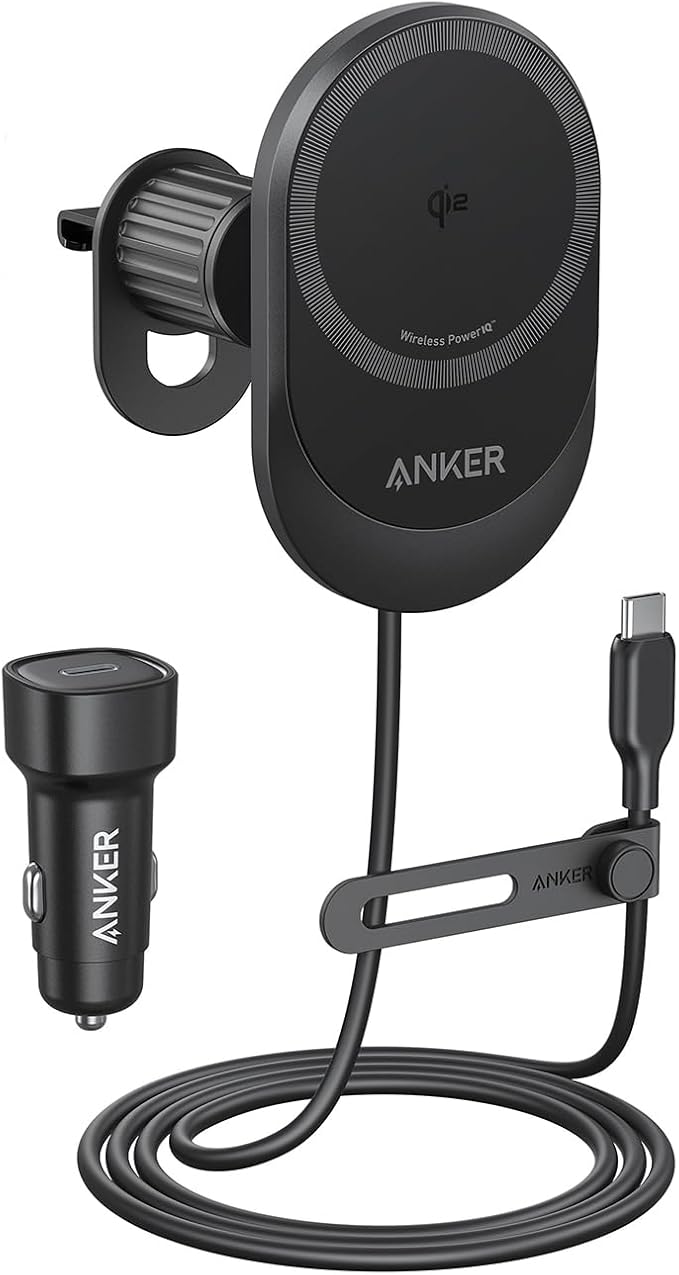 شاحن سيارة لاسلكي Anker MagSafe متوافق، شاحن سيارة MagGo Fast 15W، زاوية قابلة للتعديل 360 درجة ومغناطيسات قوية، حامل هاتف للسيارة، لسلسلة iPhone 15/14 (كابل ومحول متضمنان) 