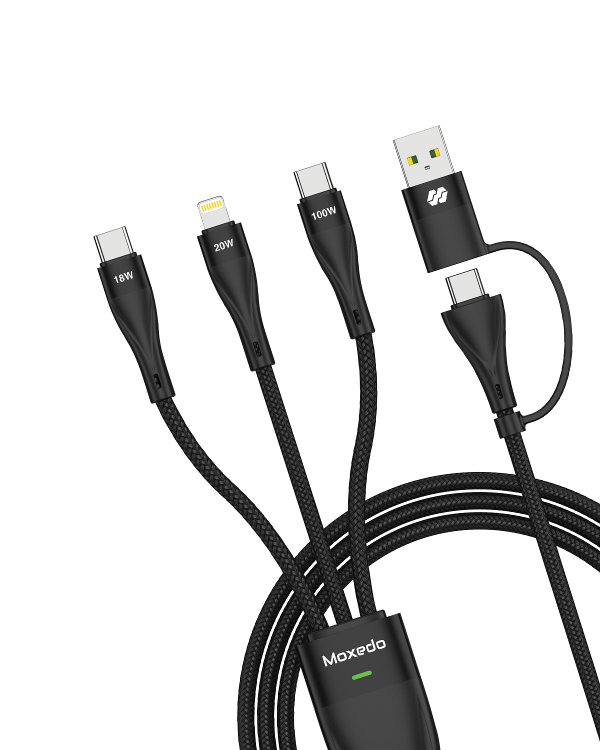 كابل شحن Moxedo 3 في 2 قابل للتبديل من USB-A/USB-C إلى 2x USB-C/Lightning PD للشحن السريع 100 وات بطول 1.2 متر (أسود) 
