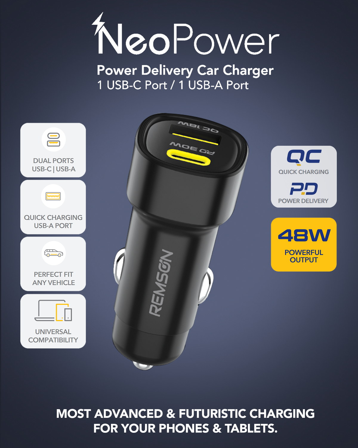 Remson Neo Power Car Charger PD 48W 1 USB-C Port/ 1 USB-A Port Fast Charging Compatible For iPhone 16 Pro/ Pro Max/16/15/14/13/12, Galaxy, S24/S23/S22/S21, iPad Pro 6/Air 5