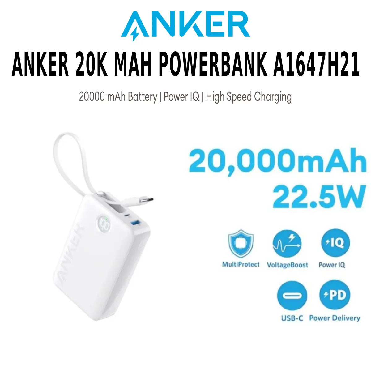 Anker PowerCore 335 20000mAh (22.5W) Power Bank with Built-in USB-C Cable - White