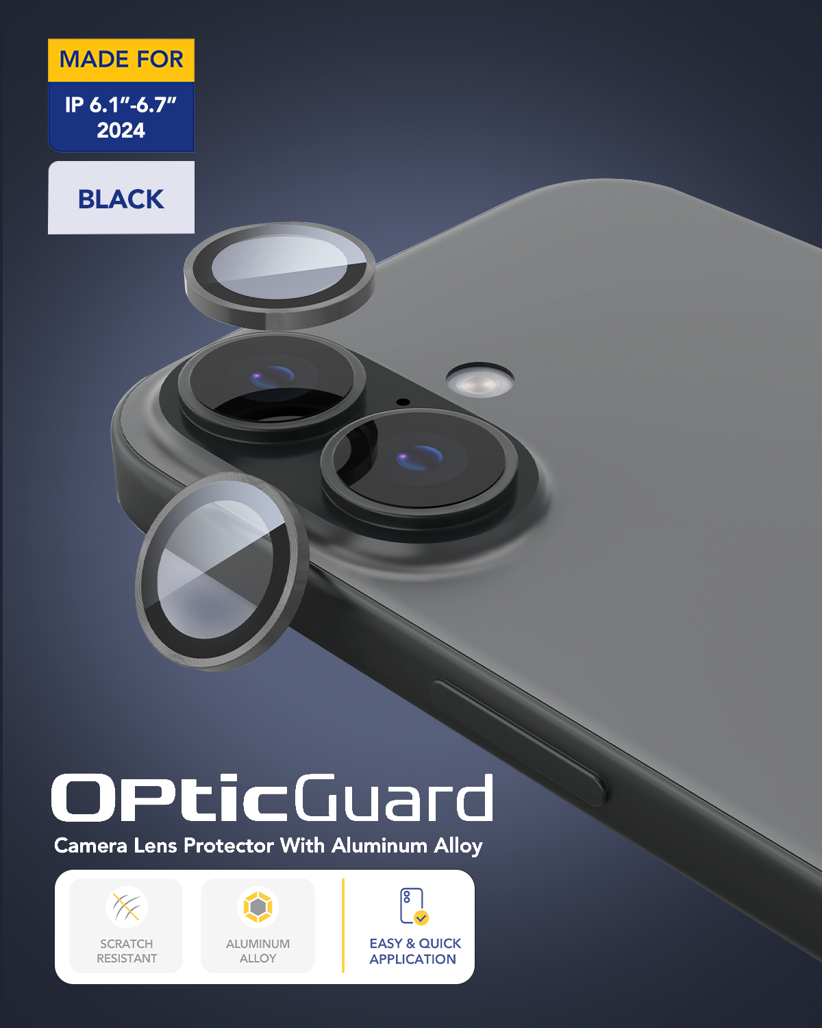 واقي عدسة الكاميرا Remson Optic Guard، واقي عدسة فردي مقاوم للخدش مع حلقة من سبائك الألومنيوم متوافق مع iPhone 16 6.1 بوصة / iPhone 16 Plus 6.7 بوصة 2024 (أسود)