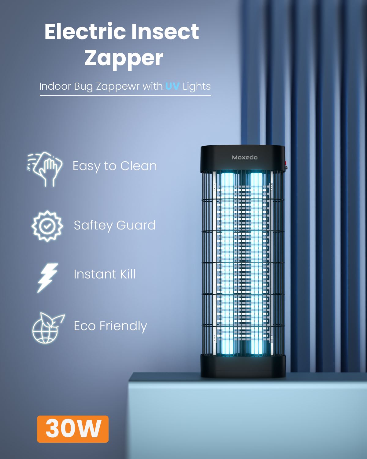 Moxedo 30W Electric Insects Zapper Indoor Bug Zapper Powerful Mosquito Killer with UV Light