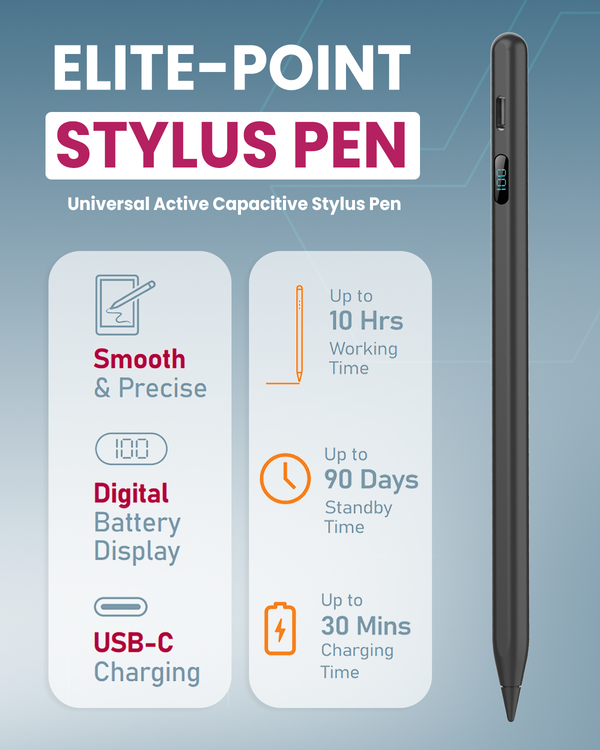 Moxedo Elite-Point Universal Active Capacitive Stylus Pen Type-C Charging Port with Replaceable Nib Digital Battery Display Compatible for iOS, Android Touch Screen Devices and Tablet - Black